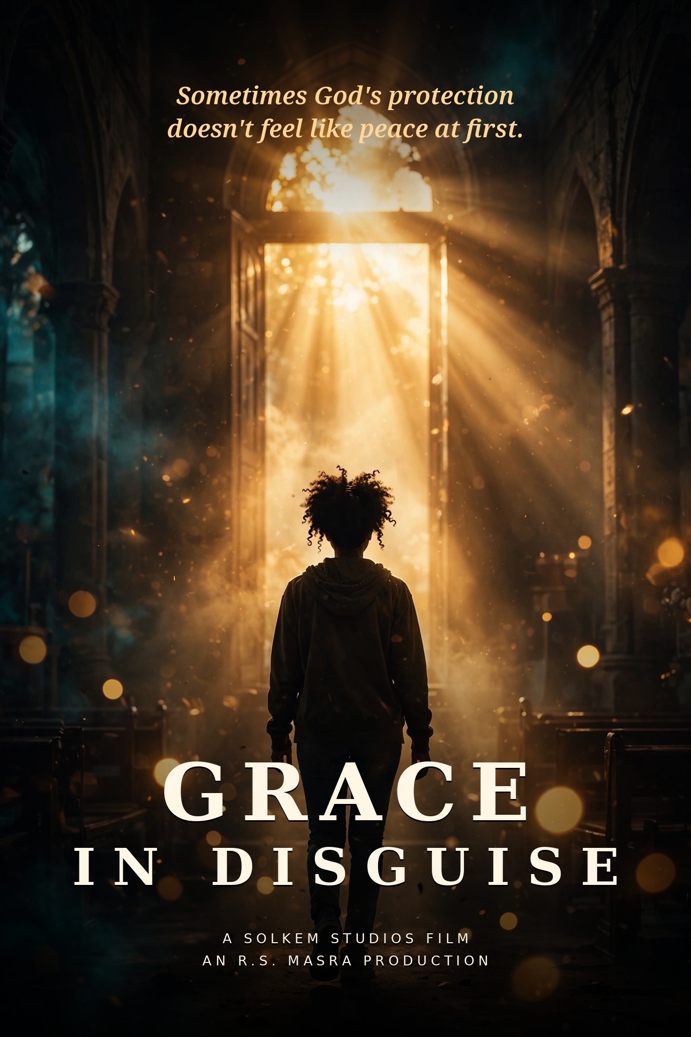 Grace In Disguise film poster showing a woman walking toward golden light through a church doorway